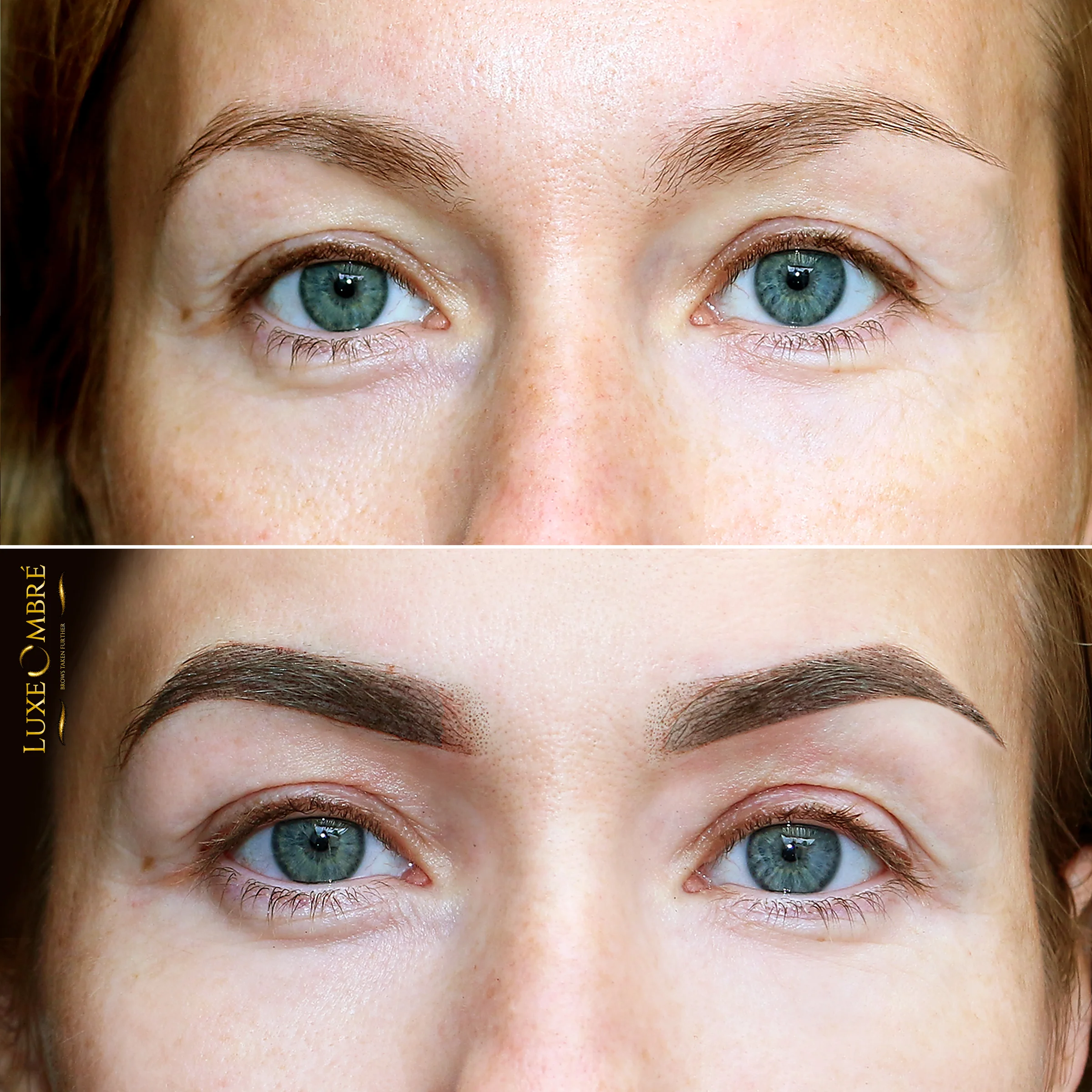 A transformation from ordinary brows to excellence with LuxeOmbre pigmentation.