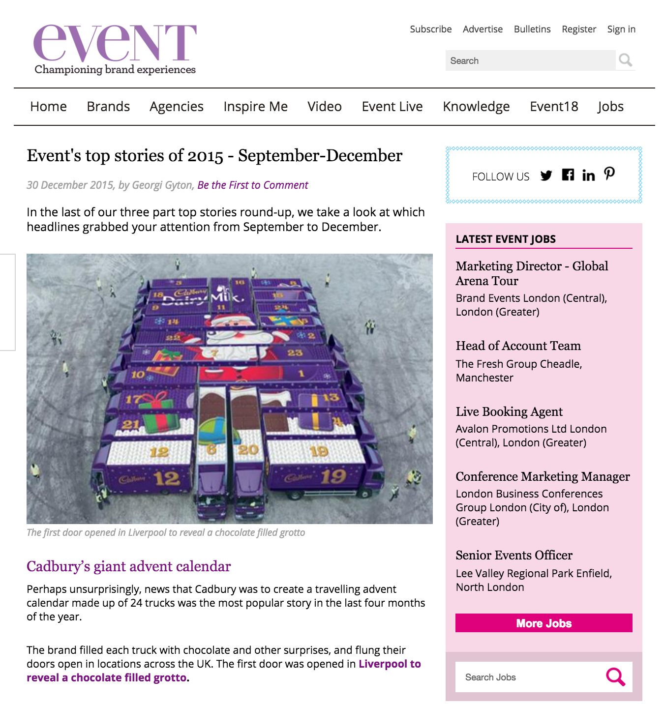 Cadbury's 2015 Christmas campaign mentioned in Events Magazine.