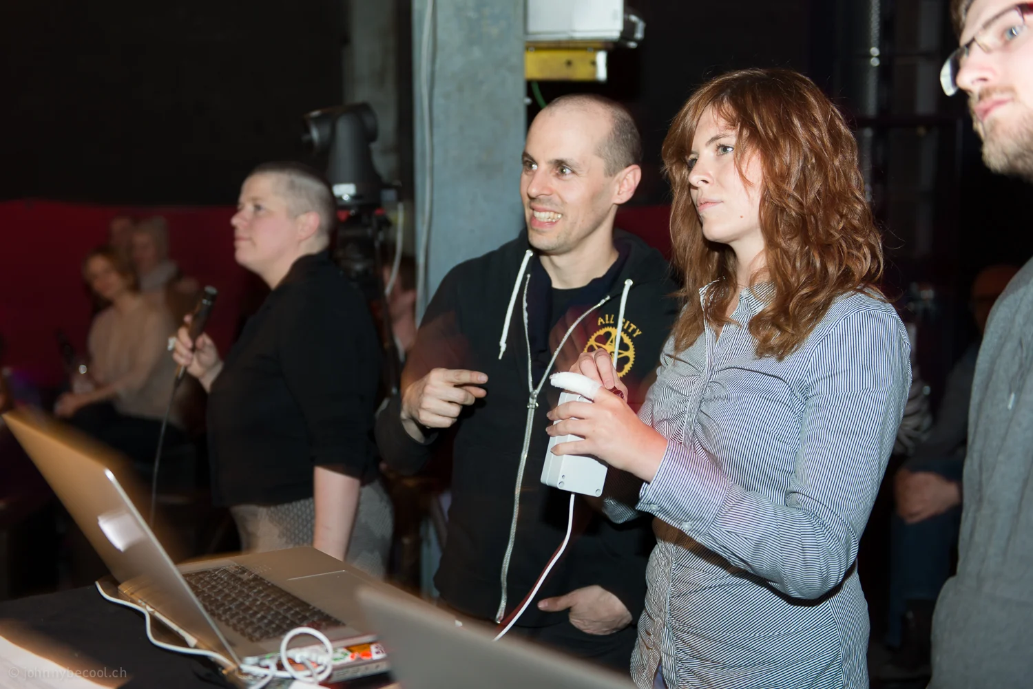 Julien Quentin demonstrating the music animation machine live synchronator tool in an audience workshop