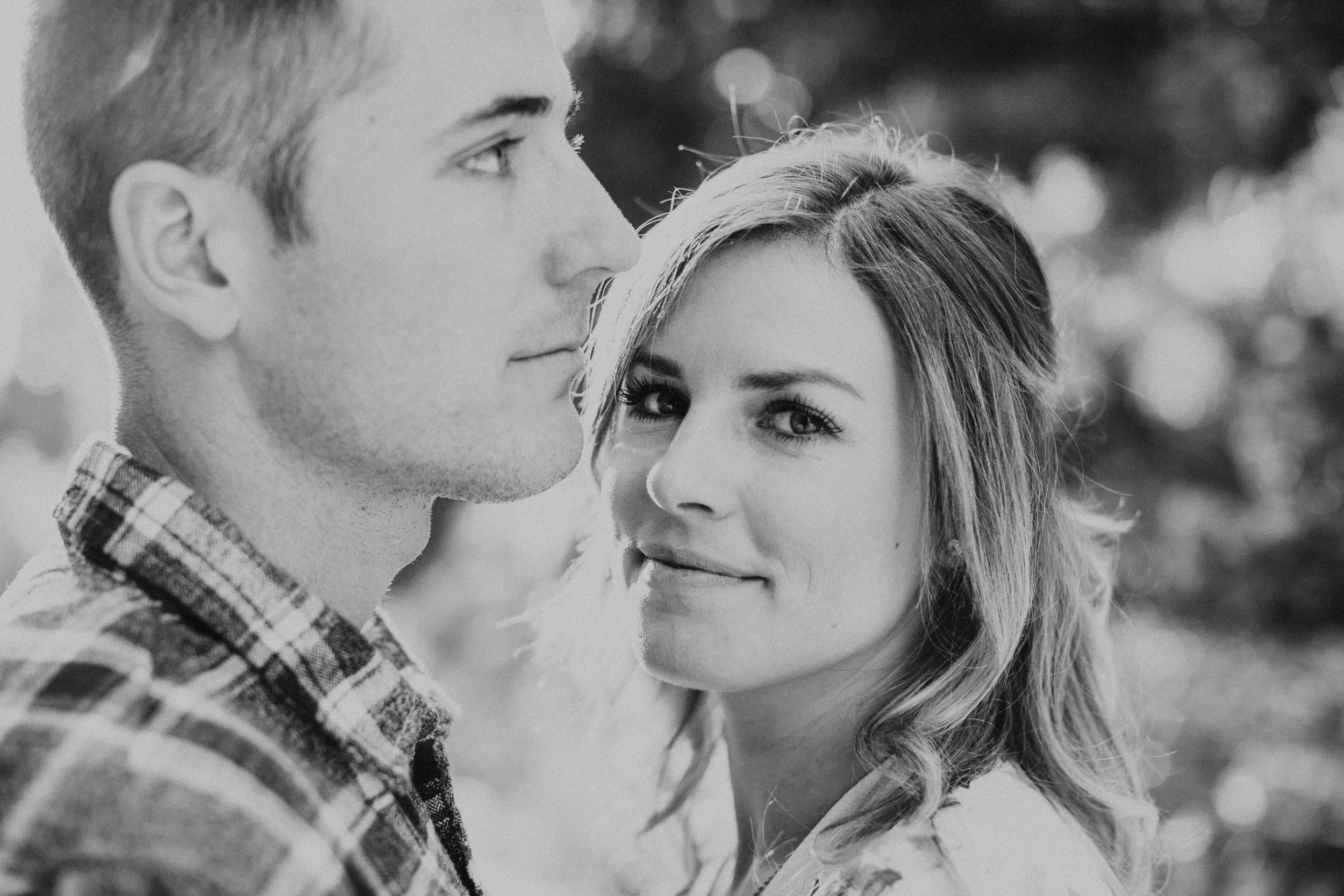 Black and white photo from an adventurous couples session in Nevada City.