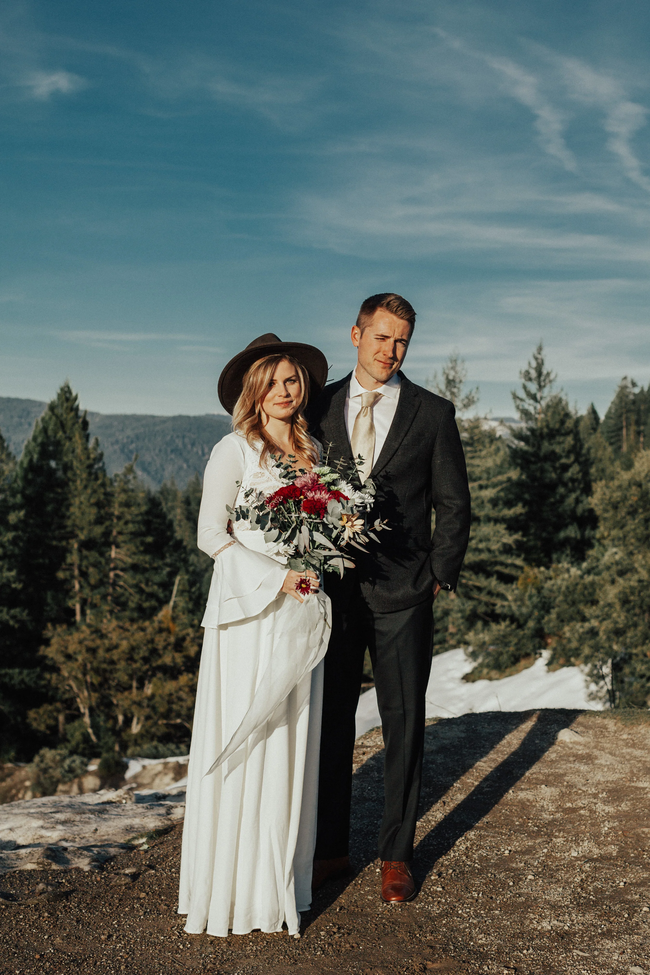 Formal bride and groom portrait. Adventurous couple in the nevada city mountains. 