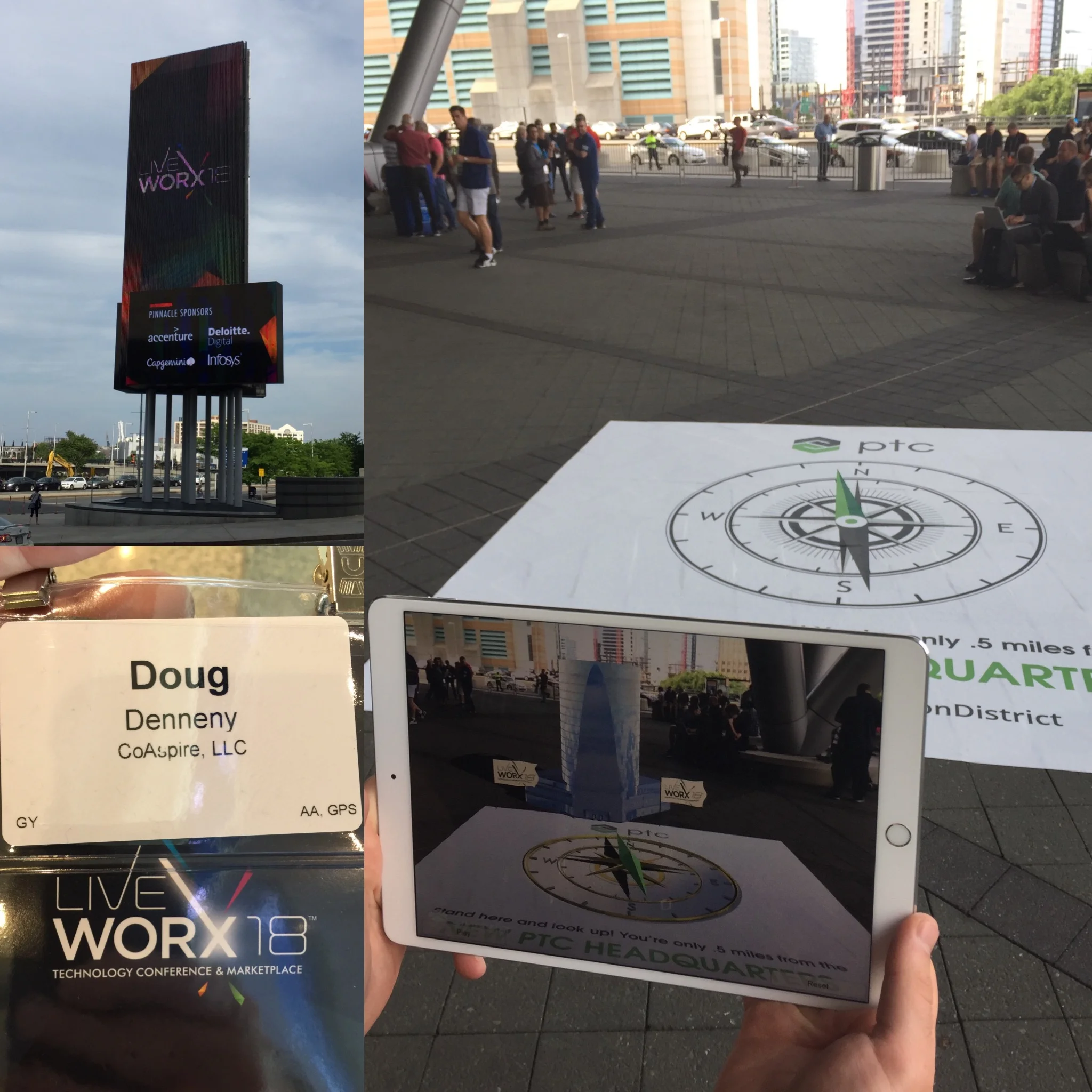 In the picture at the right, and using #PTC's #Vuforia #AR software, I can visualize through a tablet and #AugmentedReality what PTC's new global HQ will look like under construction about 1/2 a mile away from the Convention Hall. 