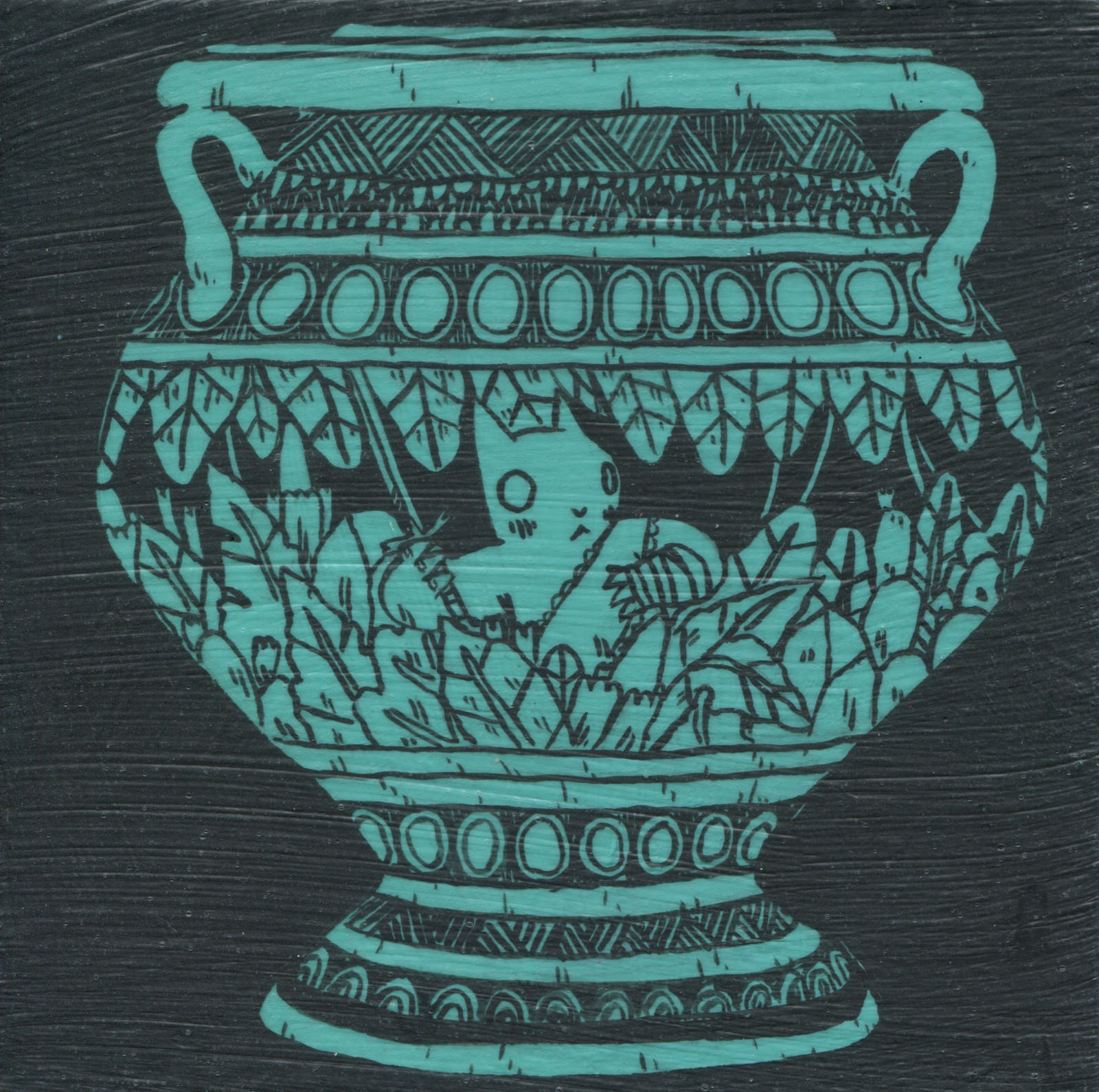 In Jungle Vase, tempera on wood, 5 x 5, $300