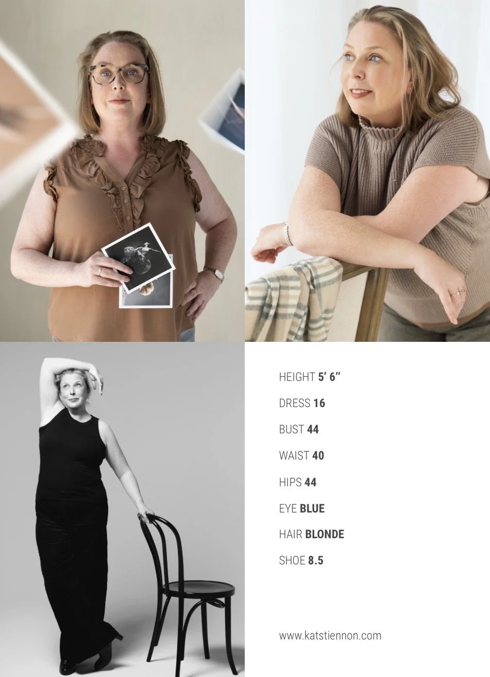 A woman with blonde hair, blue eyes, and a height of 5'6". She is wearing a dress size 16, with a bust measurement of 44 inches, waist 40 inches, and hips 44 inches. She has blonde hair and blue eyes, and is wearing a black sleeveless top. She is standing next to a chair, with one arm resting on it and her other hand on her head. The image also includes a side view of a woman holding ultrasound images of a fetus, with light brown hair, wearing a brown ruffled blouse, and glasses.