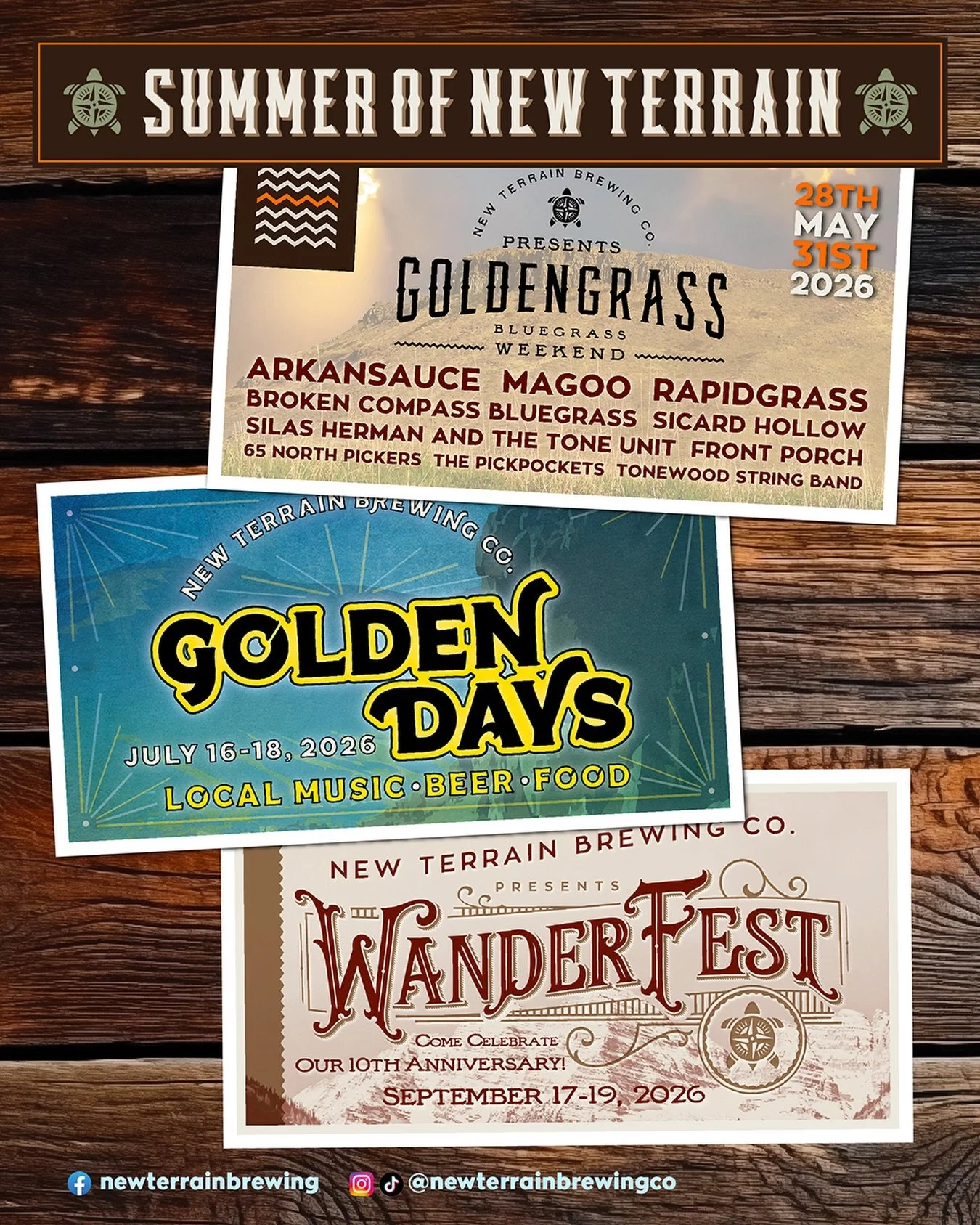 The Summer of New Terrain Brewing is here. Three weekends, three distinct vibes:

🪕 Goldengrass Bluegrass Weekend - a 4-day run of live bluegrass, cold beer, and long spring days. May 28 - 31. 

☀️ Golden Days - Celebrating all things Golden with be