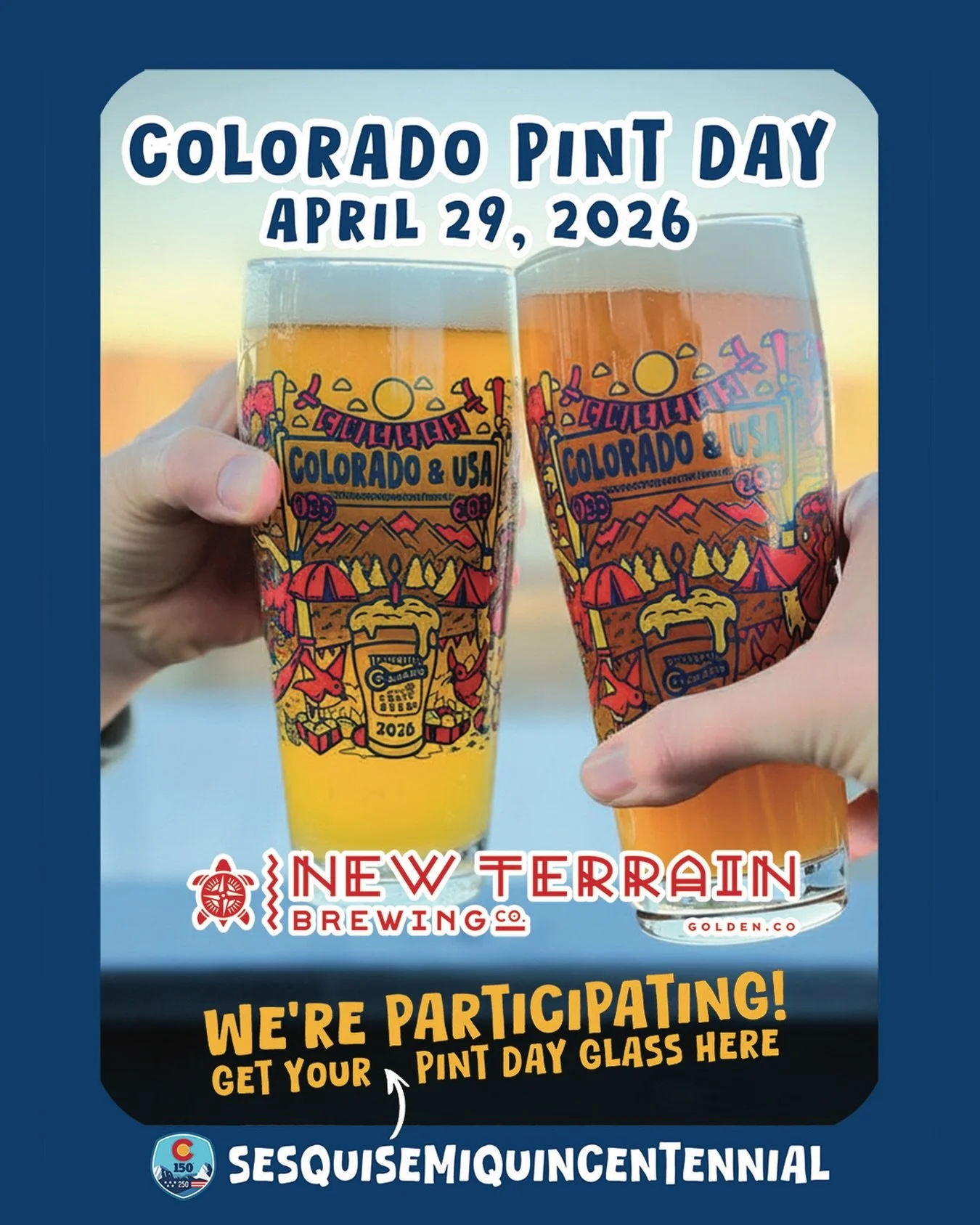 Today is Colorado Pint Day, celebrating Colorado&rsquo;s 150th &amp; USA&rsquo;s 250th, AKA Sesquisemiquincentennial 🥳

Swing by New Terrain Brewing today (Wednesday, April 29th) to participate in this beloved fundraiser where $1 of each pint glass 