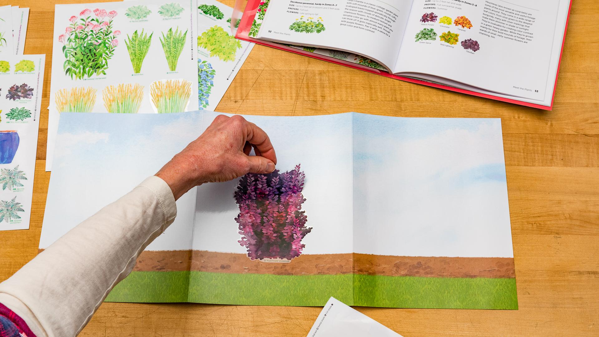  Use the stickers and the fold-out design board to visualize the perfect plant combinations for your yard. 