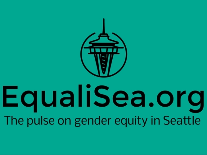 An icon of the space needle is centered above the words "EqualiSea.org". "The pulse on gender equity in Seattle and beyond" is written below. All are depicted in black in front of a teal background.