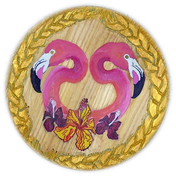 "Flamingo Love" Border woodcarving& burning, oils and acrylics. On 17.5" Diameter Wood Panel