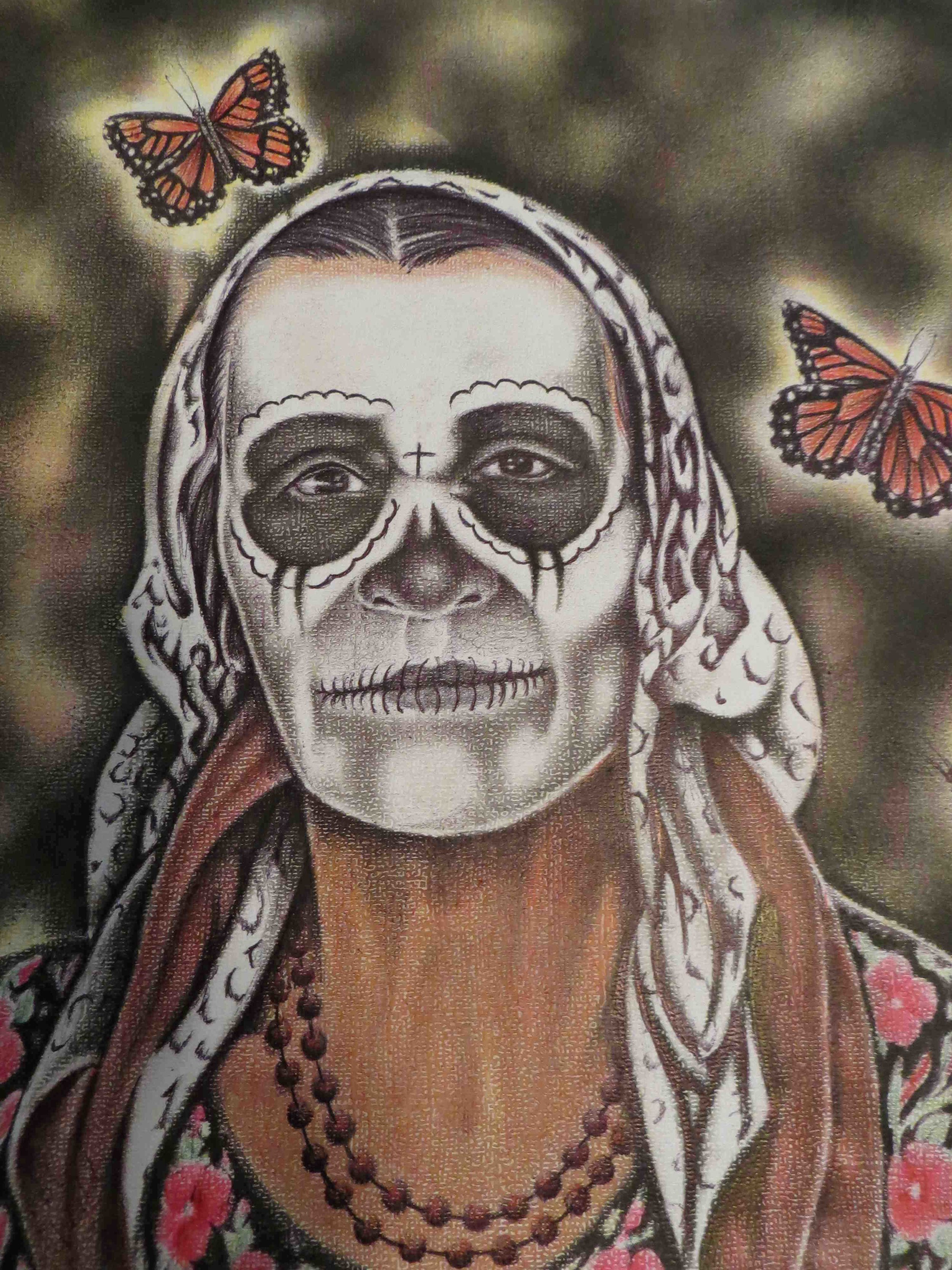 Dios de la Muerte pastel and ink drawing 9-3/4 x 12 by Uvaldo Nevarez