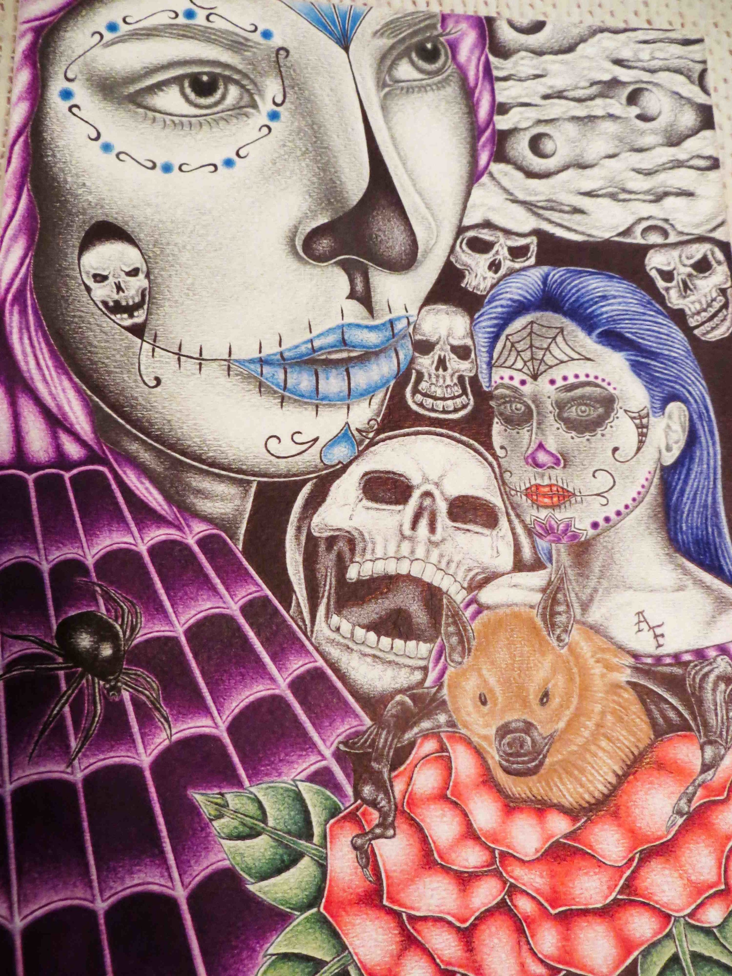  Happy Halloween/Dios de la Muerte color pen drawing 9x12 by Adam Flores