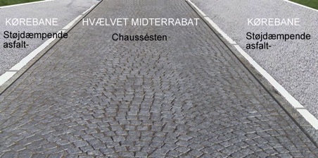 Midterrabattens smukke chaussésten bliver et forskønnelses-element i vejprojektet. Man må håbe, at det bevares i sin fulde længde. Illustration: AOB