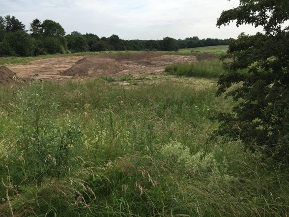 Det der graves ud til, er et større regnvandsbassin, som skal etableres syd/øst for den kommende bebyggelse ned mod Drabækken. Foto: AOB