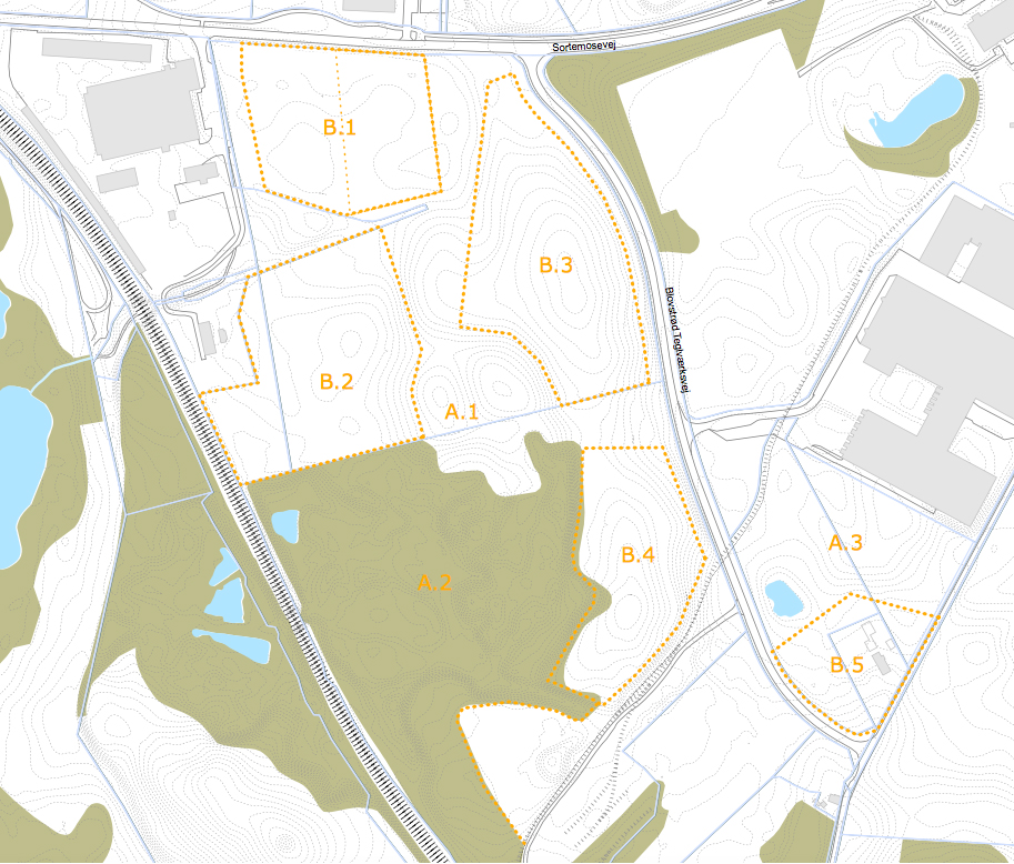 Rammelokalplanen inddeler området i 8 delområder som vist på kortet. 'A' er grønne områder og 'B' står for boligområder. På nedenstående plan er vist et oplæg til, hvordan de enkelte områder kan bebygges.
