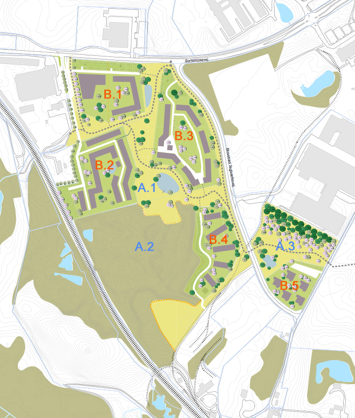 Ovenstånde plan er fra forslaget, hvor AOB har tilføjet koden for de tre grønne områder (A) og de fem byggefelter (B). 