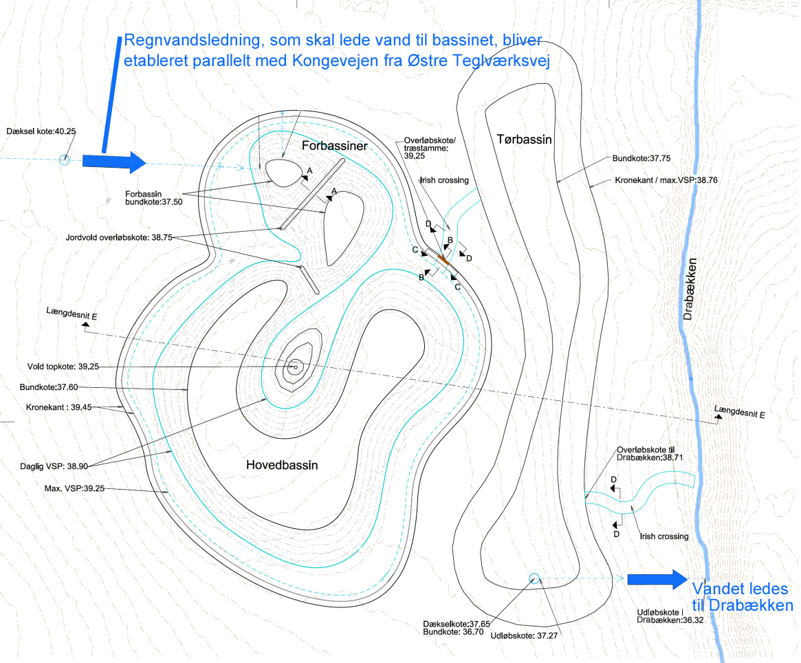Som plantegningen er orienteret, ligger Kongevejen vandret - lige øverst for planen, og Drabækken (til højre) løbe på dette sted mod nord-øst. Plantegning: Forsyningen Allerød Rudersdal A/S