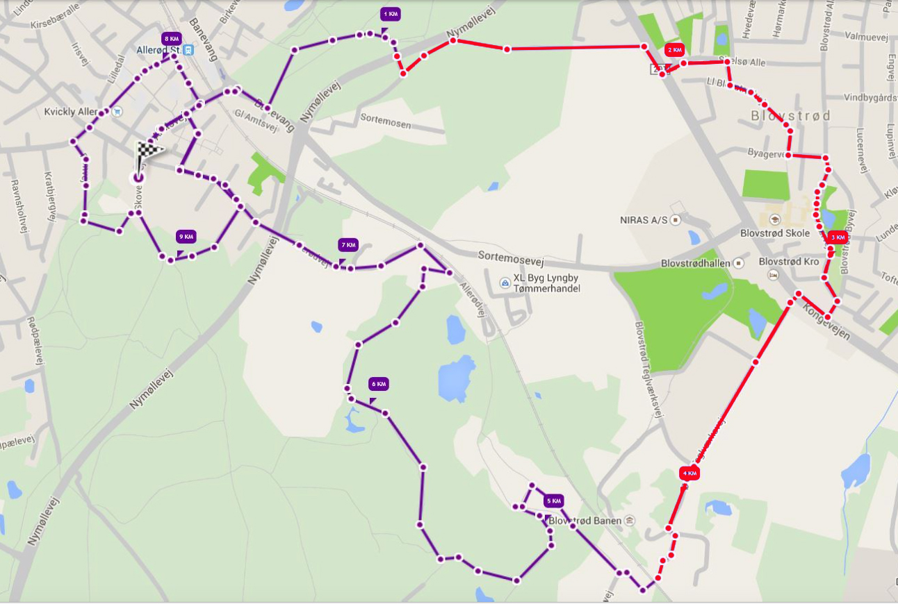 Det længste løb er på 10 km og går bl.a. gennem Blovstrød. AOB har med rødt markeret den del af ruten, som løber gennem Blovstrød.