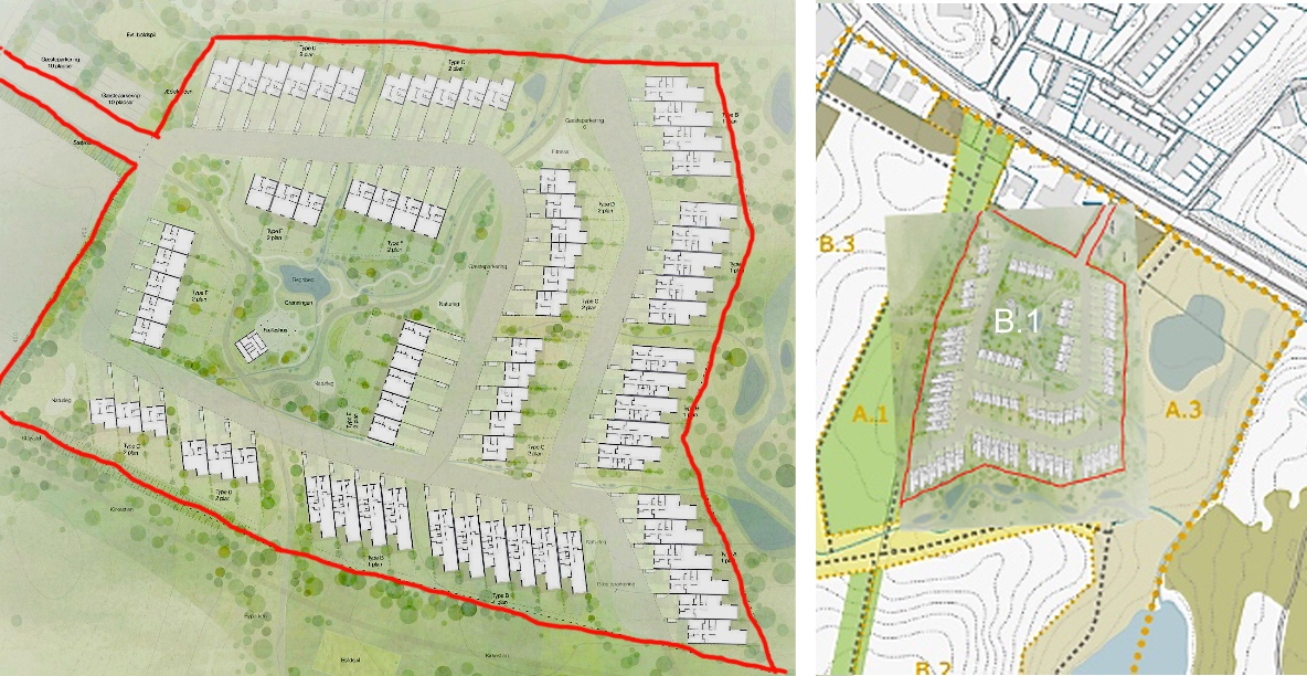 På den viste plan har vi markeret byggefeltet B.1 med rødt. Planen er vist med øst opad, men hvis man drejer planen 90 grader, kan den fint indpasse i udbudsmaterialets markerede felt for B.1. 