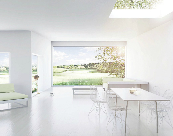 Det er tanken, at landskabet og lyset skal lukkes ind i boligerne. Illustration: Svendborg Architects Det var Svendborg Architects, som vandt konkurrencen i samarbejde med NCC Bolig og Schønherr om første etape og etablering af 75 nye boliger i Blovstrød. Arrkitekten skriver selv: At bebygge dette smukke kurvede landskab kalder på nænsom forståelse, og vi søger at lade bygningerne underordne sig kurvaturen og de særlige kig - et sted mellem horisont og himmel. Boligerne er højest hvor landskabet er højest, to-plansboligerne ligger hovedsagligt omkring en grønning med naturlegeplads og fælleshus, mens de lavere boligklynger snor sig ud fra bebyggelsens sociale center ud langs kanten og de lange kig til de store rekreative grønne fællesområder og stierne. Således fremstår Himmelhusene som en samlet bebyggelse med et ensartet arkitektonisk udtryk, med ”urbane forhaver”, og mere naturpræget landskab på havesiden, der vender ud mod de store fælles engarealer. For at opnå en variation af boligudbud, og sikre en social sammenhæng og diversitet er Himmelhusene er opdelt i flere boligtyper, som alle relaterer sig enten til bebyggelsens kant mod det store landskab eller mod det indre sociale rum: Grønningen. Her er etplansboliger, to plansboliger som kædehuse samt nær Grønningen 2 plansboliger som små rækker. Her er toplansboliger med private hjørner, samt mere kompakte enheder, og flere af typerne kan spejlvendes for optimal udsigt/indblik, samt solorientering. LÆS OGSÅ: NCC-bolig skal udvikle den første etape af det ny Blovstrød