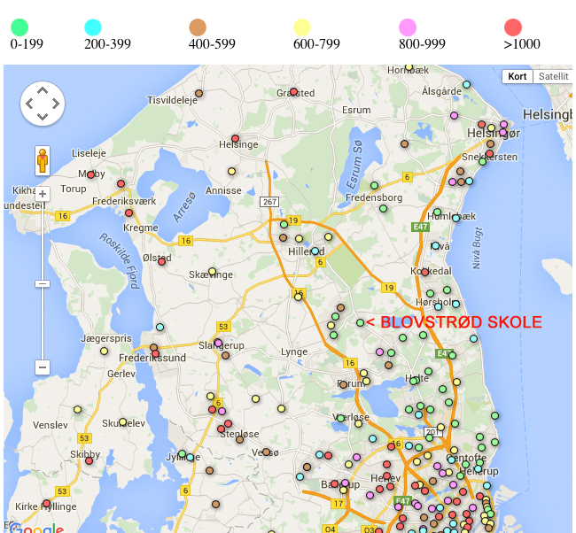 Undersøgelsen dækker hele landet, og på ovenstående kort er skolerne i Nordsjælland markeret, hvor man kan se - via favekoderne - hvordan de enkelte skoler er placeret på trivsel-skalaen.. 