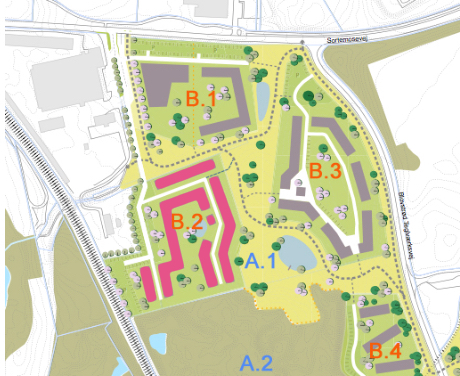 Byggeafsnit B.2 er markeret med rødt og ligger syd/øst for XL-byg.