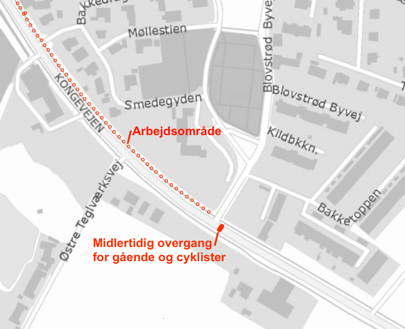 Formanden fra entreprenørfirmaet Barslund A/S påpeger, at det er væsentligt, at den midlertidige overgangen bliver placeret så tæt på Blovstrød Byvej som muligt . Plantegning: NIRAS - Rød tekst/markeringer: AOB 
