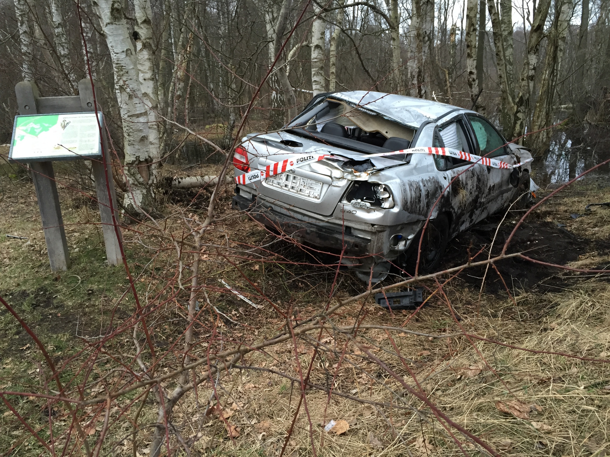 Personbilen endte i kanten af Sortemose-skoven. Foto: AOB