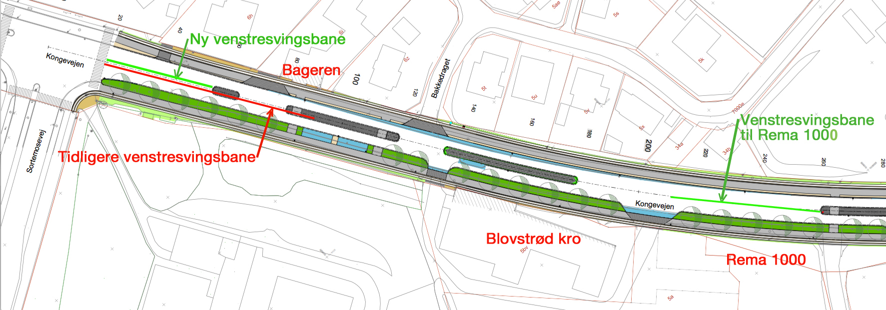 Som det fremgår af projektmaterialet, er den nye vestresvingsbane til Sortemosevej (grøn markering) blevet reduceret med ca. 30 meter i forhold til den tidlige svingbane (rød markering). Vestresvingsbanen til Rema 1000 er længere end svingbanen til Sortemosevej - det virker umiddelbart ulogisk! Projekttegning: NIRAS. Grafik og tekst : AOB