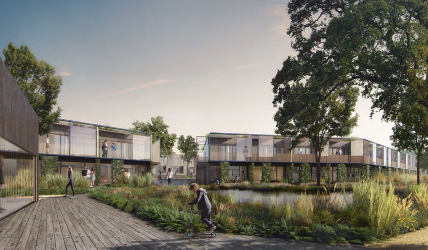 Lokalplanen giver mulighed for, at området kan anvendes til helårsboligformål i form af tæt-lav samt etageboliger i 2 planer. Der kan i alt opføres 163 boliger. Illustration fra lokalplanforslaget.