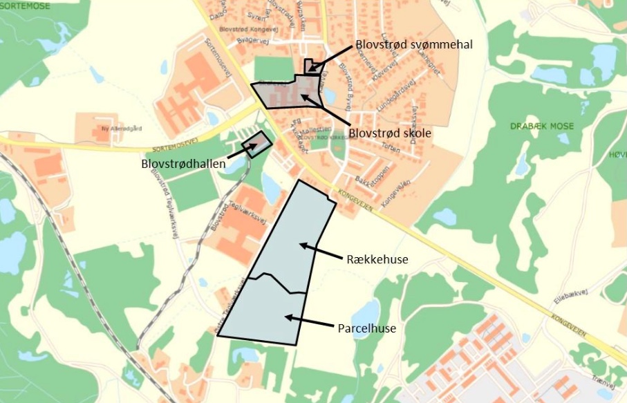 De fem forsyningsområder er her markeret, og består af tre af kommunens ejendomme (Blovstrødhallen, Blovstrød Skole og Blovstrød Svømmehal) samt de to boligområder Frugtlunden (rækkehuse) og Grønningen (parcelhuse).
