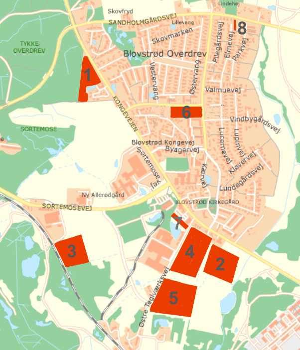 Redaktionen har på ovenstående kort markeret de 8 områder i Blovstrød, hvor man planlægger eller er i gang med at opføre nye boliger. Der er i alt tale om 440 boliger, hvoraf allerede nogle er solgt. Grafik: AOB