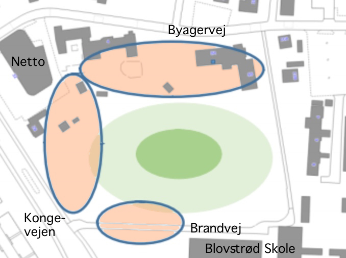 De første skitser for området. Orange markering = Mulige byggeområder