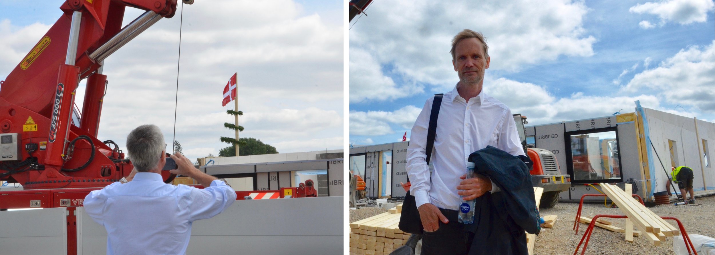 Ved arrangementet kunne de kommende beboere hilse på hinanden, og få en rundvisning tæt på byggeriet. Tv: en beboer, Niels Moltved , som tager sin kommende bolig nærmere i øjesyn, og th. arkitekt, Johnny Svendborg, som netop har sagt god for håndværkernes arbejde. Foto: AOB 
