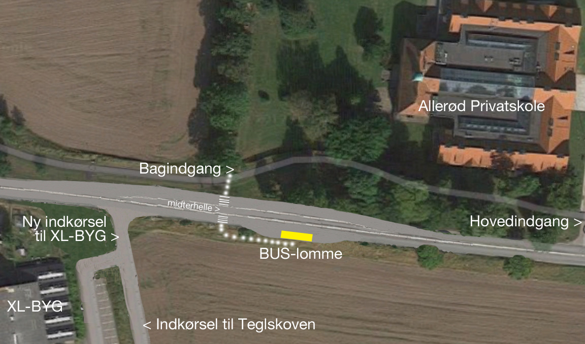 Principskitse, som viser, hvor buslommen bliver placeret. Men der havde også været rigelig med plads til også at udføre en buslomme på modsatte side. Bemærk i øvrigt, den nye indkørsel til XL-byg, som samtidig bliver adgangsvejen til bl.a. Teglskovens bebyggelse. Illustration: AOB