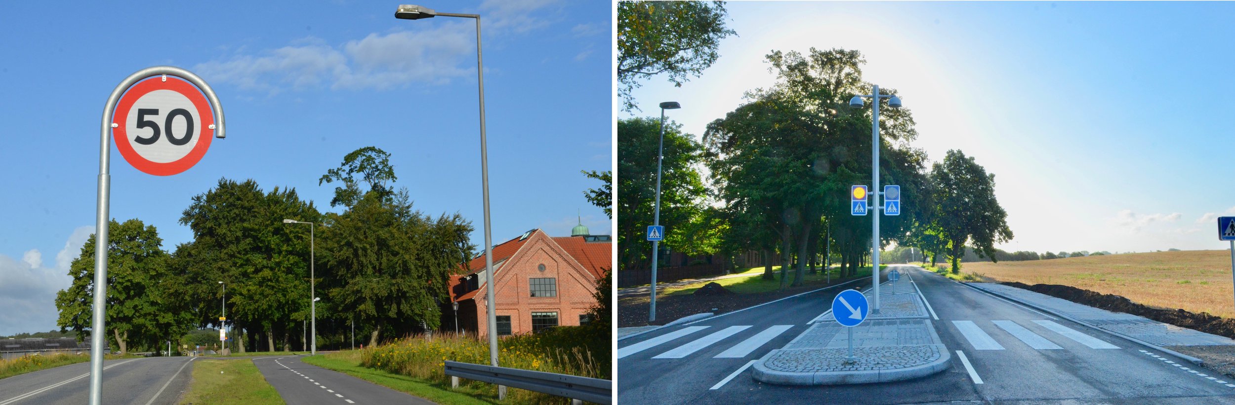 Hastigheden på hele Sortemosevej er nu nedsat til 50 km/t. Overgangen til det nye bus-stoppested er udført med en belyst midterhelle og med markerede færdselstavler. Foto: AOB
