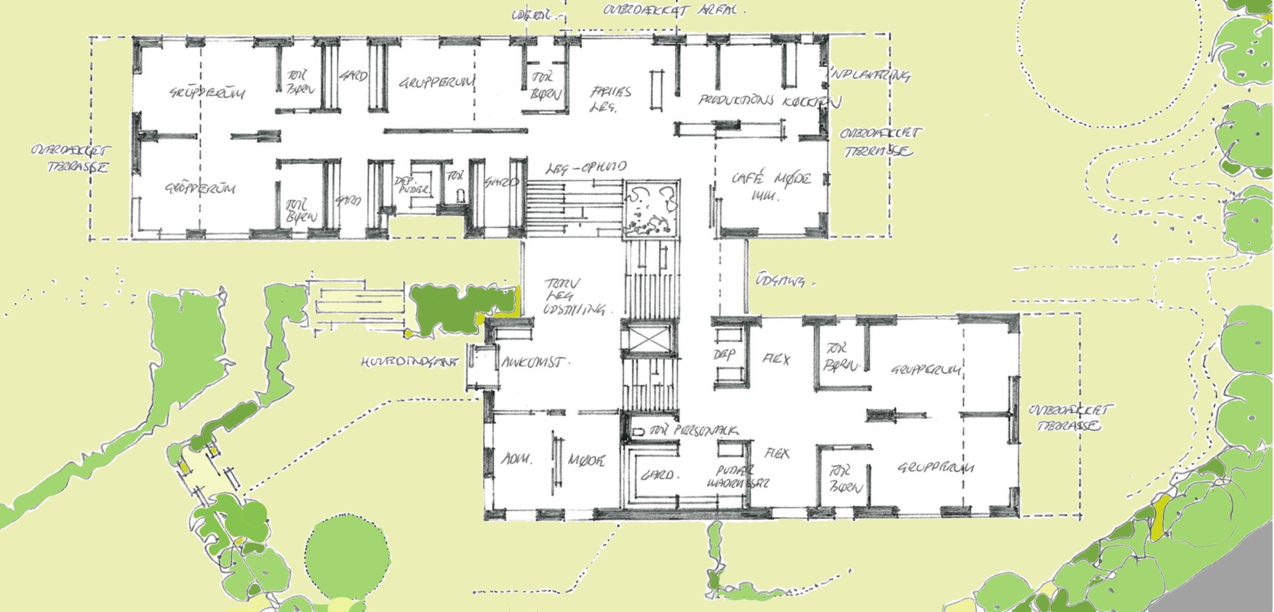 Vilhelm Lauritzen Arkitekter har stået for skitseprojektet for den nye daginstitution, som er i to planer og en mindre kælder. Illustration: VLA