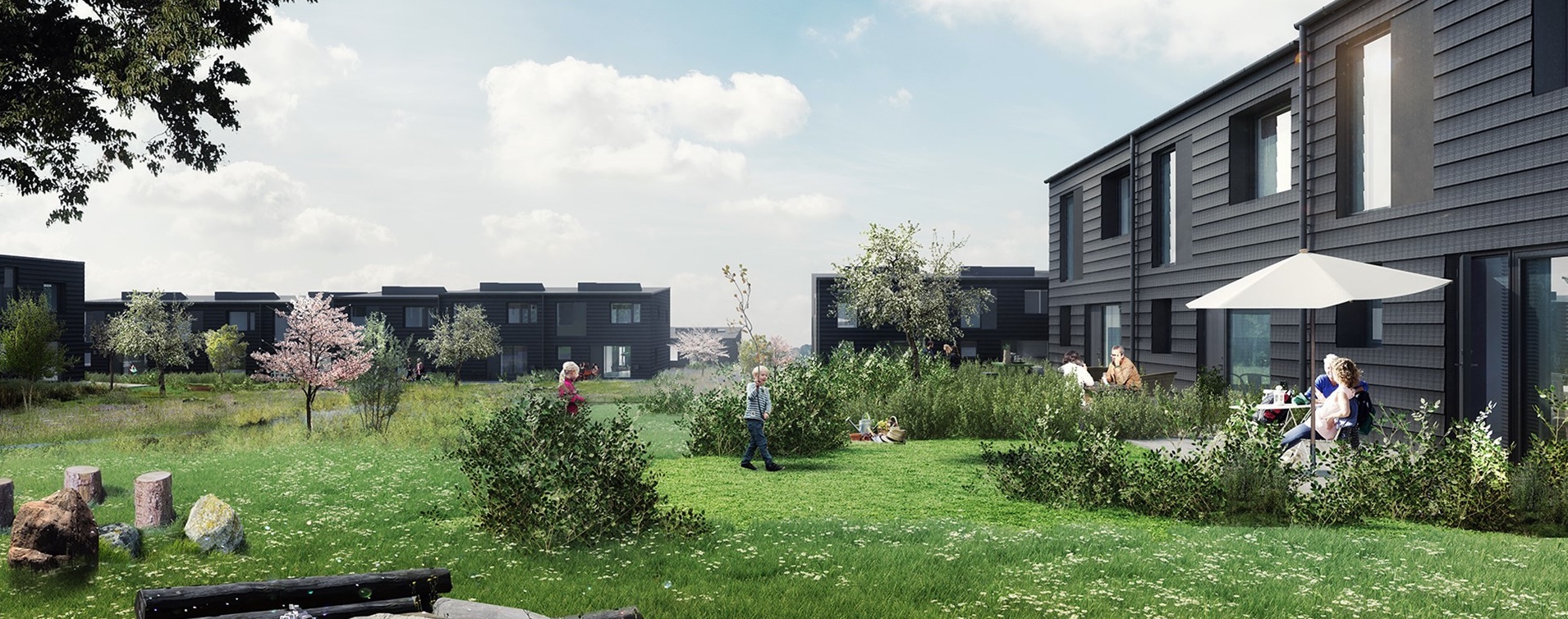 78 svanemærkede et- og to-plans rækkehuse ved Drabæk Huse. Illustration: Bonava