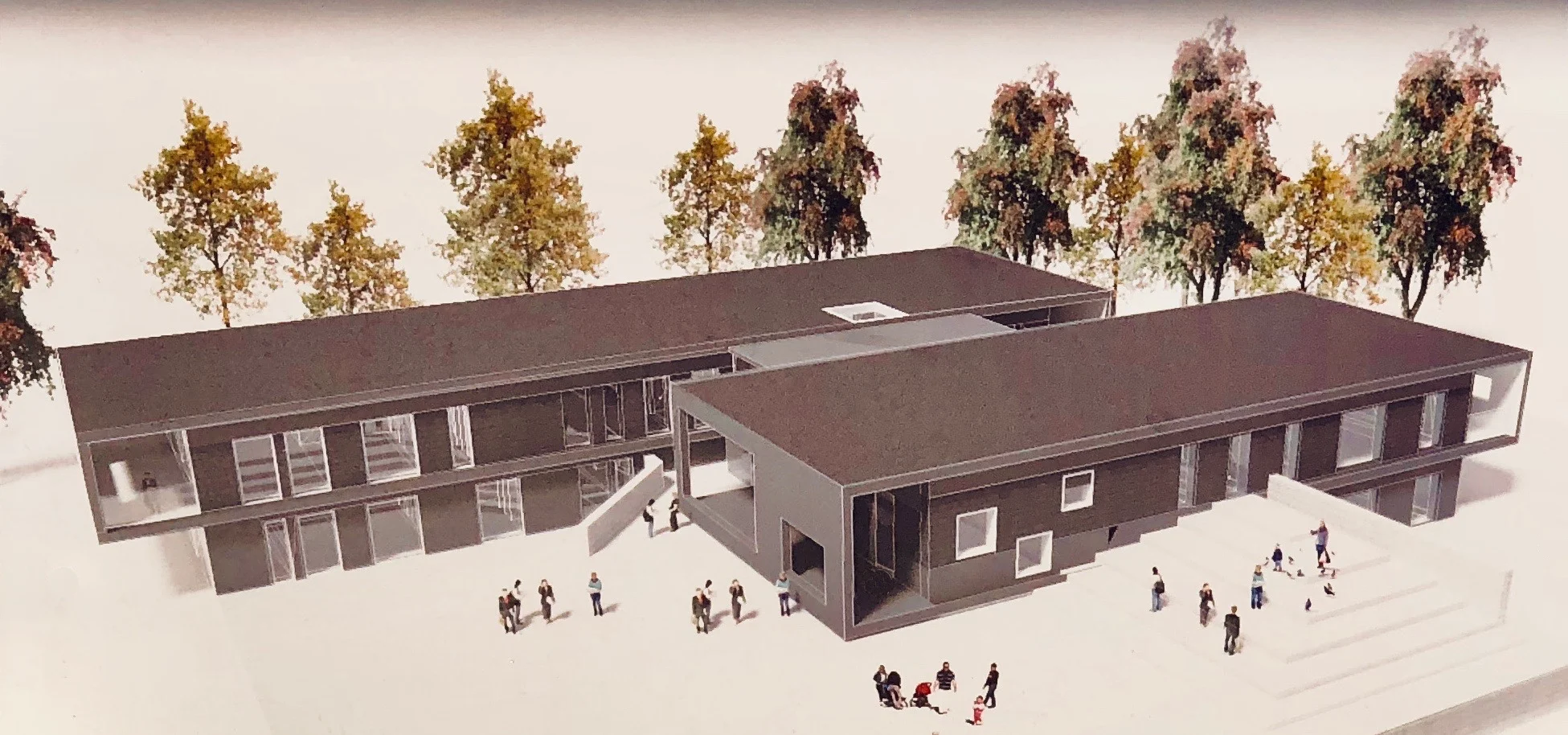 Sådan kommer det nye Børnehus 1 i Blovstrød til at præsentere sig ud mod Kongevejen. Illustration: Rubow Arkitekter