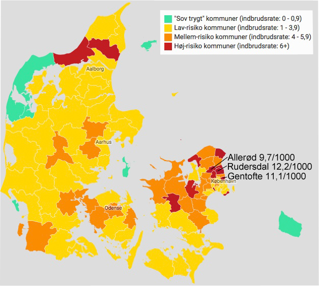 Keypartner.dk viser på dette kort, hvor stor indbrudsraten (= antal indbrud pr. 1000. husstande) er i de enkelte kommuner. Allerød Kommune er den tredje mest belastede kommune i hele landet. Grafik: Keypartner.dk