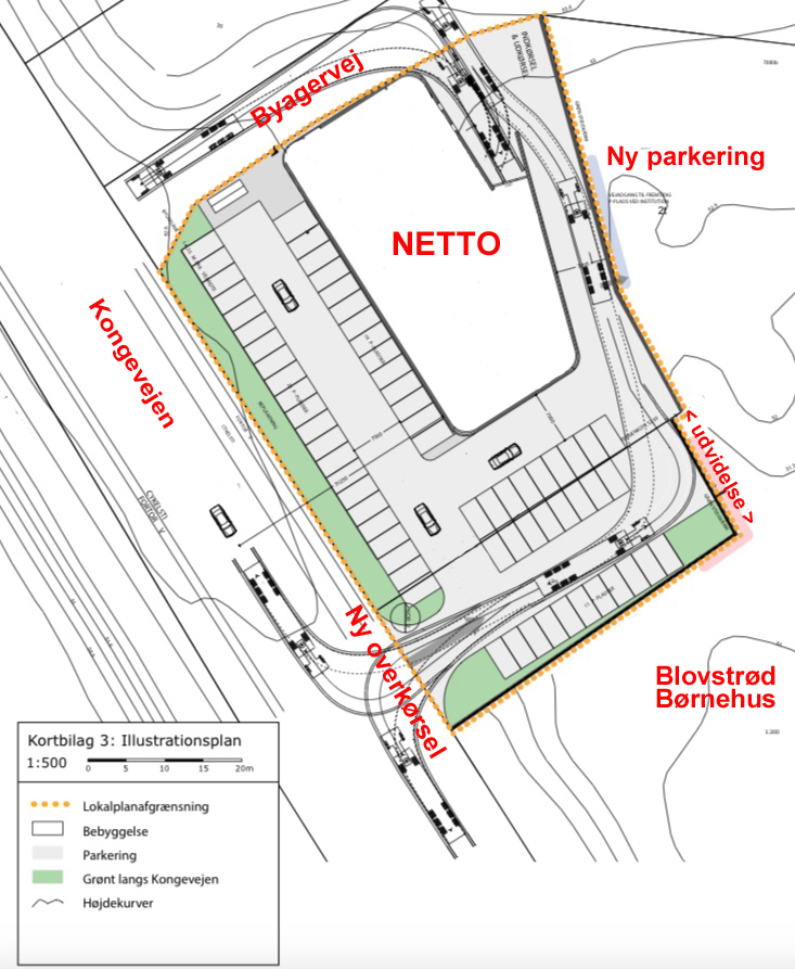 Illustrationsplan fra lokalplanforslaget, som viser den nye overkørsel direkte fra Kongevejen til Netto, og som udføres ved parkeringspladsens udvidelse mod syd. Fremhævede tekster: AOB