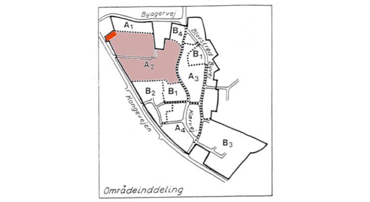  Lokalplan nr. 110 for den ældre del af Blovstrød. Kongevejen 28 (rød markering) er placeret i område A2. 
