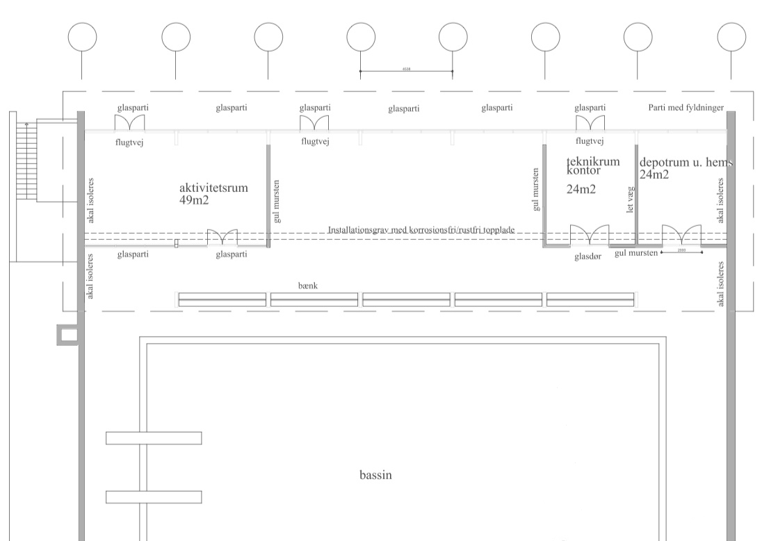 Skitseforslaget viser dryland-tilbygningen, som udføres mellem de to eksisterende læmure på sydsiden af hallen. Illustration: Arkitekt Sørensens Tegnestue, Farum