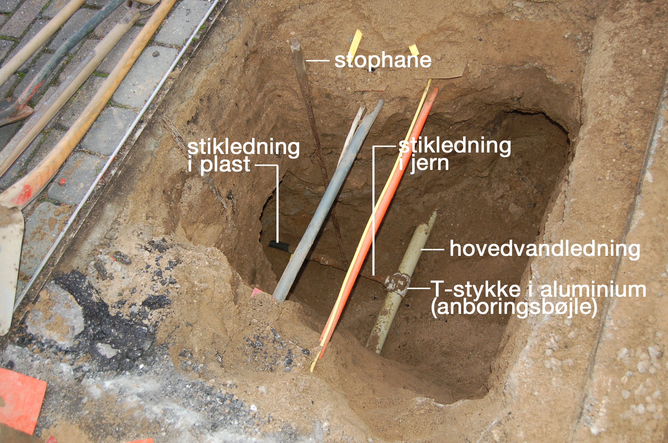 Som det fremgår ligger der en del forskellige forsyningsledninger i fortovene, og aller nederst ligger hovedvandledningen. Det er anboringsbøjlen samt stophanen og jern-stikledningen, der bliver udskiftet. Foto/tekst: AOB