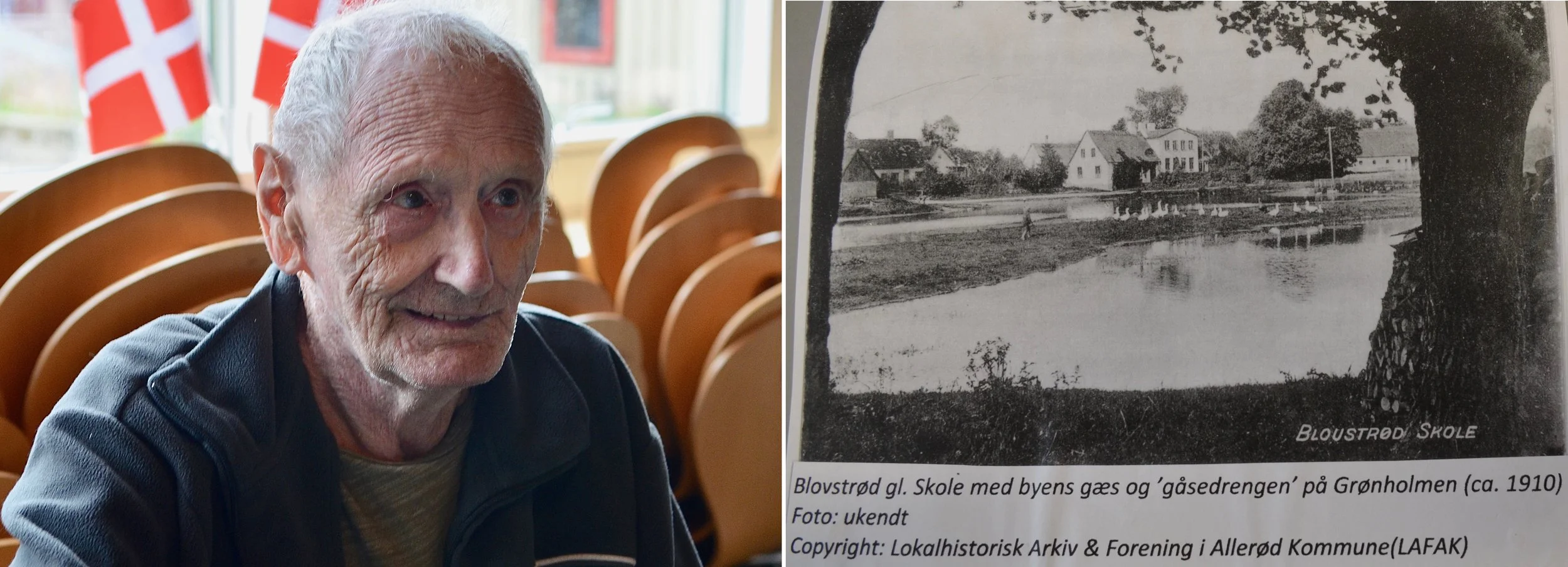Den 88-årige Blovstrød-borger, Leif Nielsen, var med til fødselsdagen og fortalte, at han tydeligt kunne huske den gamle hvide, stråtækte skole, som lå helt ned til gadekæret. Børge var elev på skolen, også da de nye bygninger blev åbnet i 1938. Foto: AOB