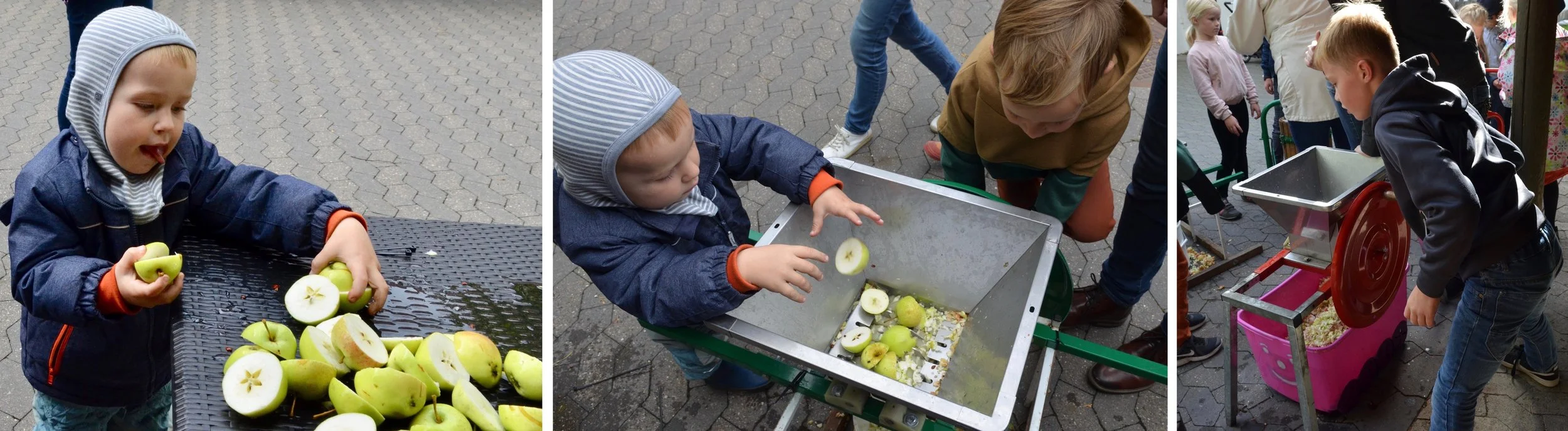 Børn i alle aldre hjalp til med æble-presningen. Resultatet blev en frisk æblemost. Foto: AOB