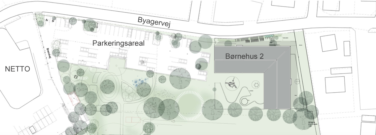 Som det fremgår af ovenstående situationsplan, er Børnehus 2 nu placeret helt mod nord-øst, og et stort parkeringsareal for 60 personbiler spænder mellem børnhuset og Netto. Illustration: Vilhelm Lauritzen Arkitekter