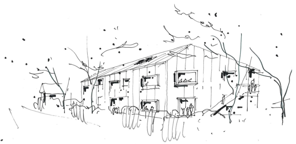 Børnehus 2 set fra Byagervej. Perspektivskitse: Vilhelm Lauritzen Arkitekter