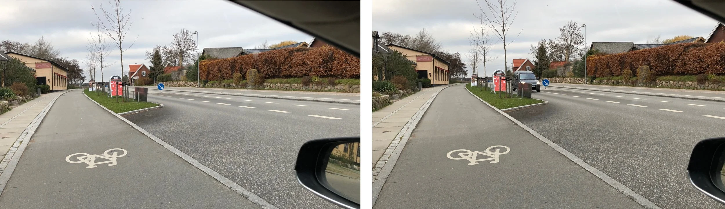 Bemærk: En situation fra udkørslen ved REMA 1000s parkeringsplads. De to fotos er taget med 2 sekunders mellemrum. Pludselig dukker der en bil frem bag reklameskiltet - en farlig situation! Foto: AOB