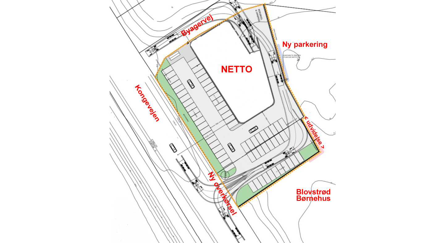 Illustrationsplan fra lokalplanforslaget viser den nye overkørsel direkte fra Kongevejen til Netto, og som udføres ved parkeringspladsens udvidelse mod syd. Tekster: AOB