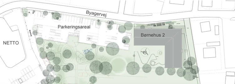 Situationsplanen viser, hvor Børnehus 2 placeres helt mod øst, og hvor der er afsat et parkeringareal for ca. 60 personbiler. Illustration: Vilhelm Lauritzen Arkitekter.